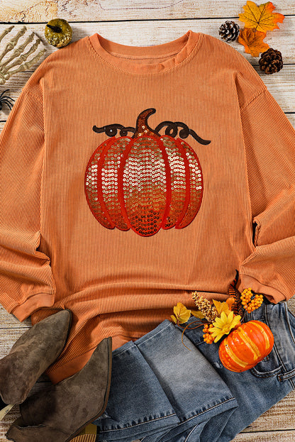 Sweat-shirt d'Halloween à col rond côtelé et paillettes oranges motif citrouille