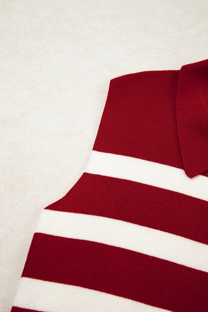Red Stripe Collared Split Neck Sweater Vest