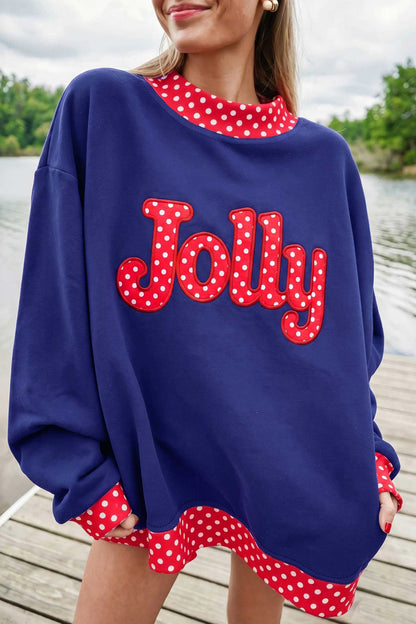 Dirty blue Polka Dot Letter Print Contrast Trim Mock Neck Sweatshirt
