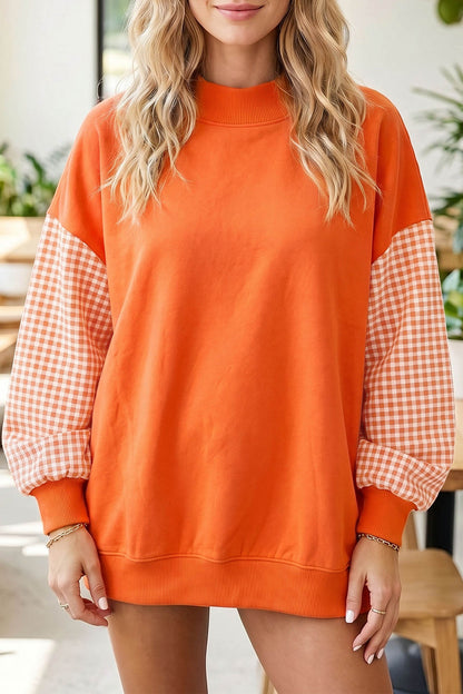 Russet Orange Plaid Sleeve Colorblock Loose Tunic Sweatshirt