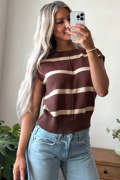 Brown Stripe Knit Western Short Sleeve Sweater