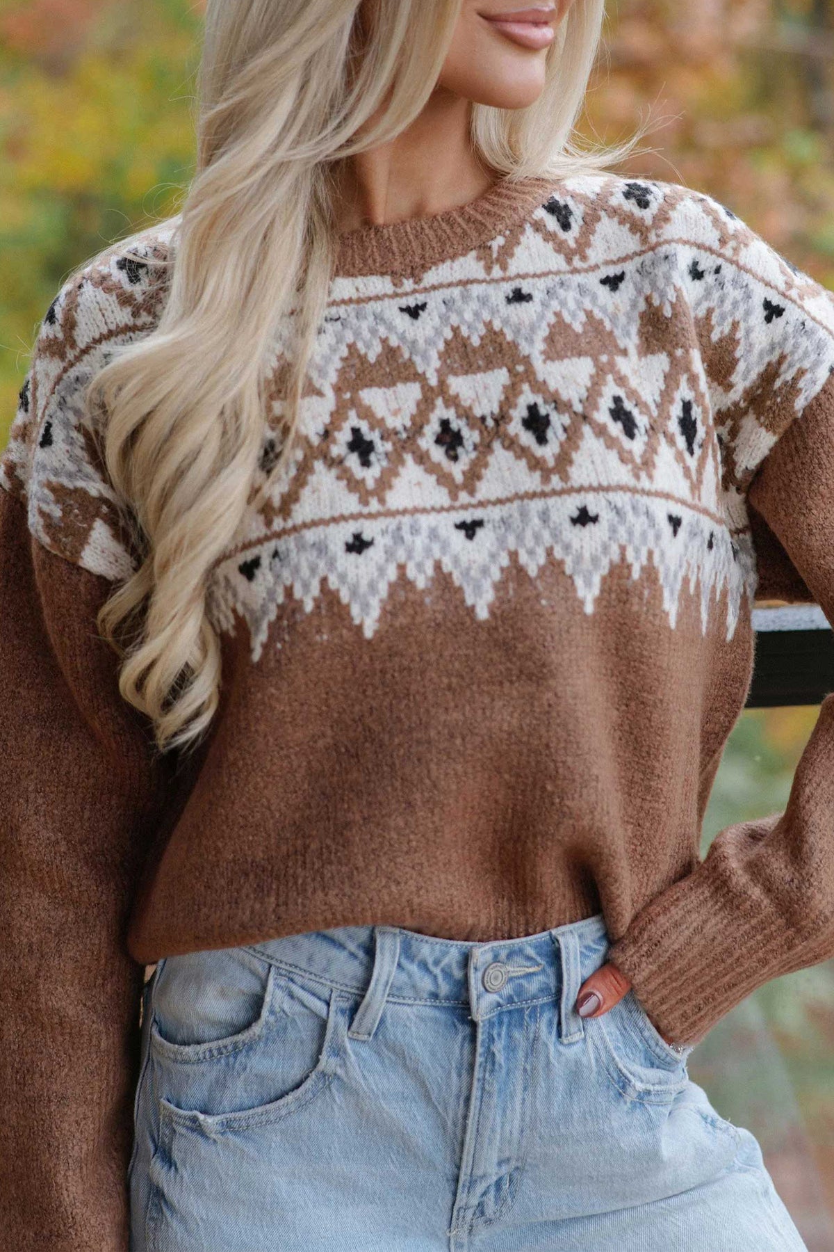 Khaki Geometric Print Drop Shoulder Casual Pullover Sweater