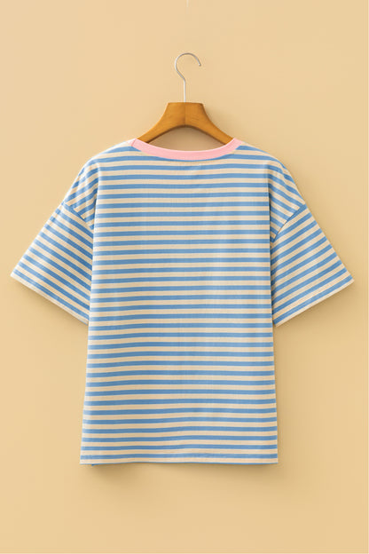 Sky Blue Stripe HOPPY Chenille Patched Graphic Crew Neck Tee