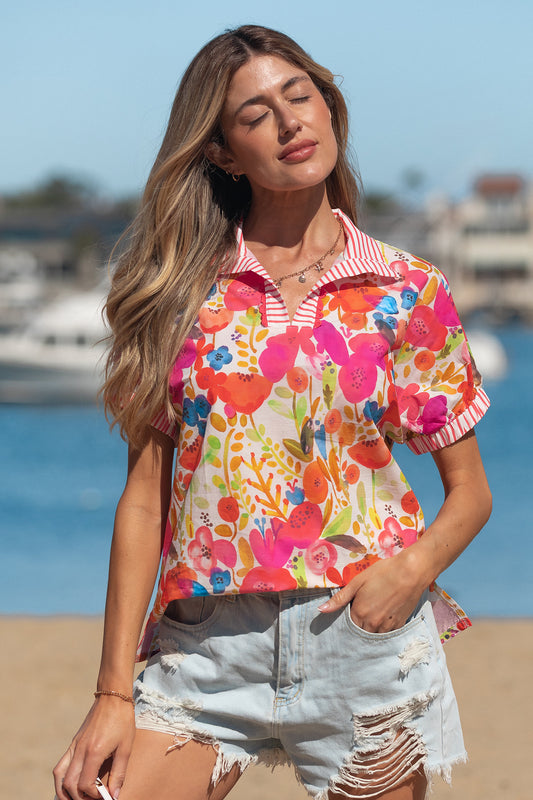 Rose Striped Trim Collared V Neck Short Sleeve Floral Print Blouse