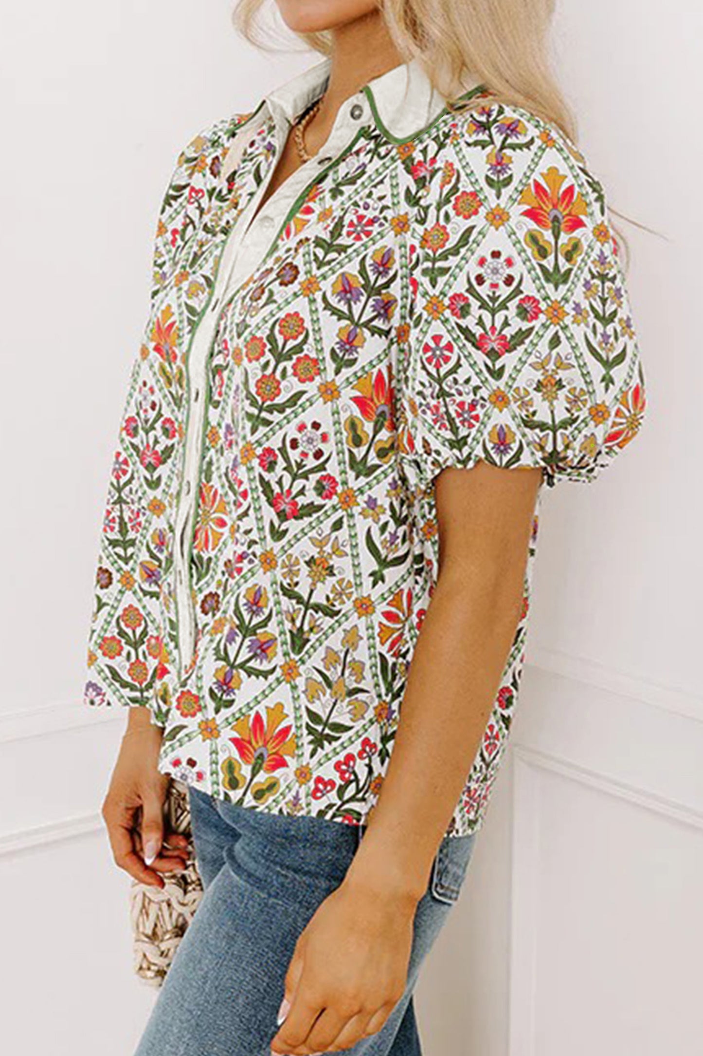 Green Short Bubble Sleeve Floral Shirt