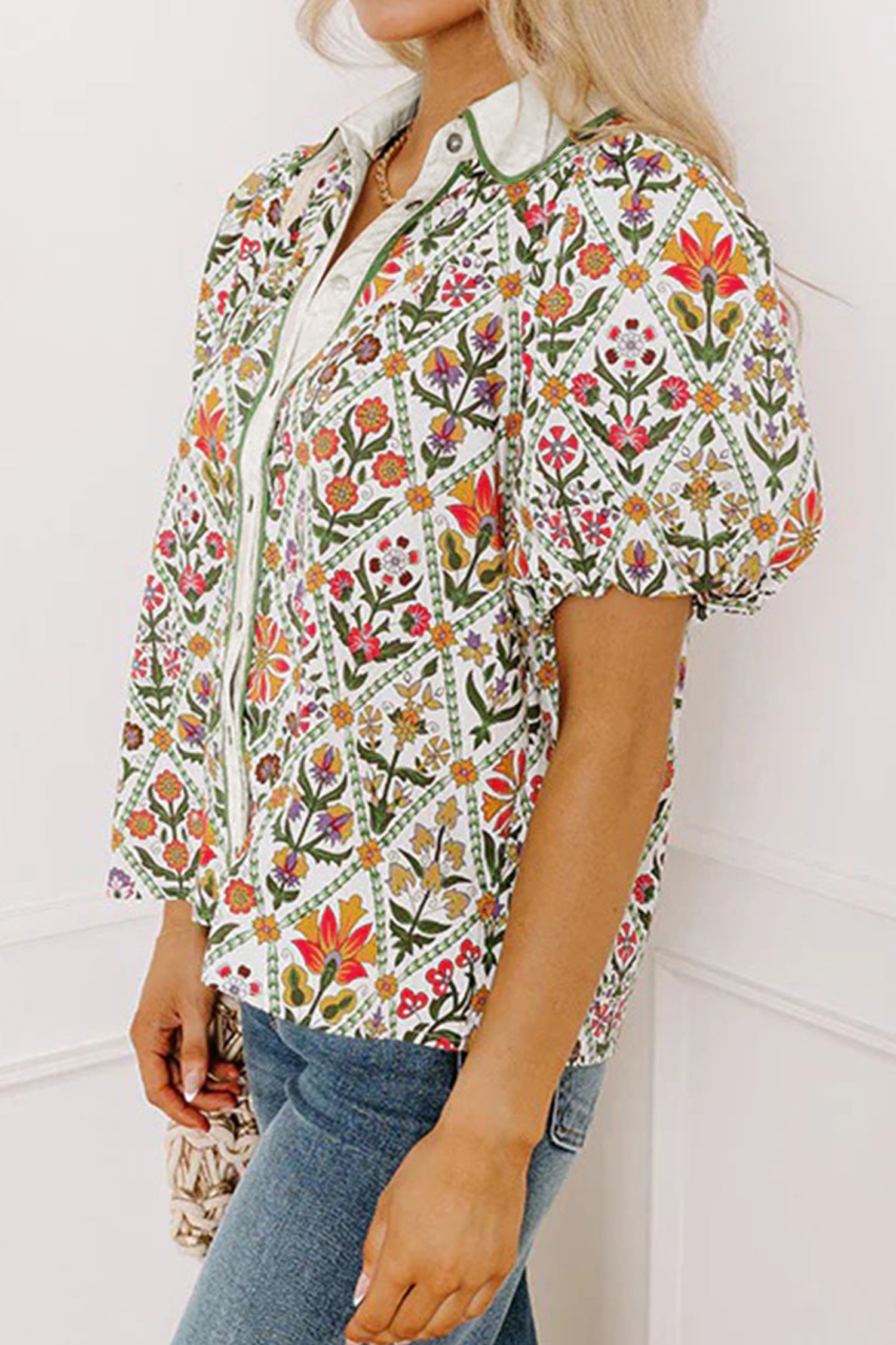Green Short Bubble Sleeve Floral Shirt