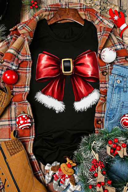 T-shirt ras du cou noir à gros nœud de Noël