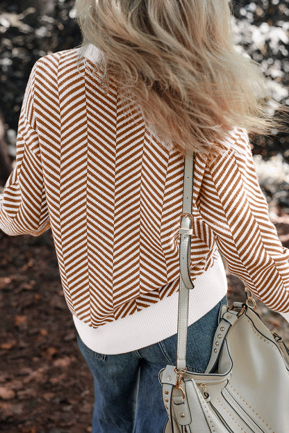 Pull ras du cou à épaules tombantes et bords contrastés couleur café