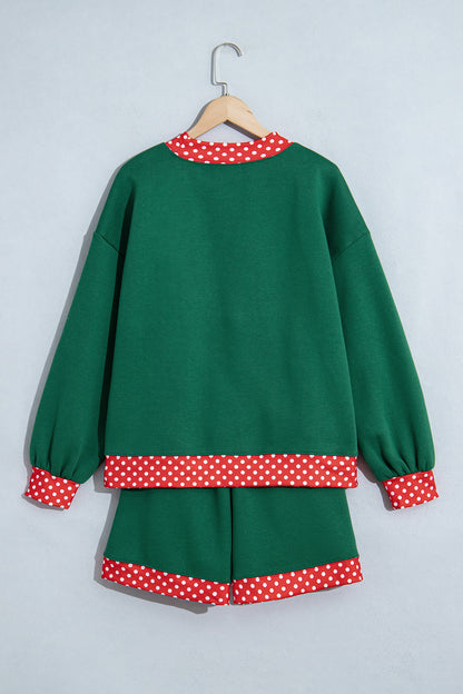Evergreen Polka Dot Trim Baggy Pullover 2pcs Short Set