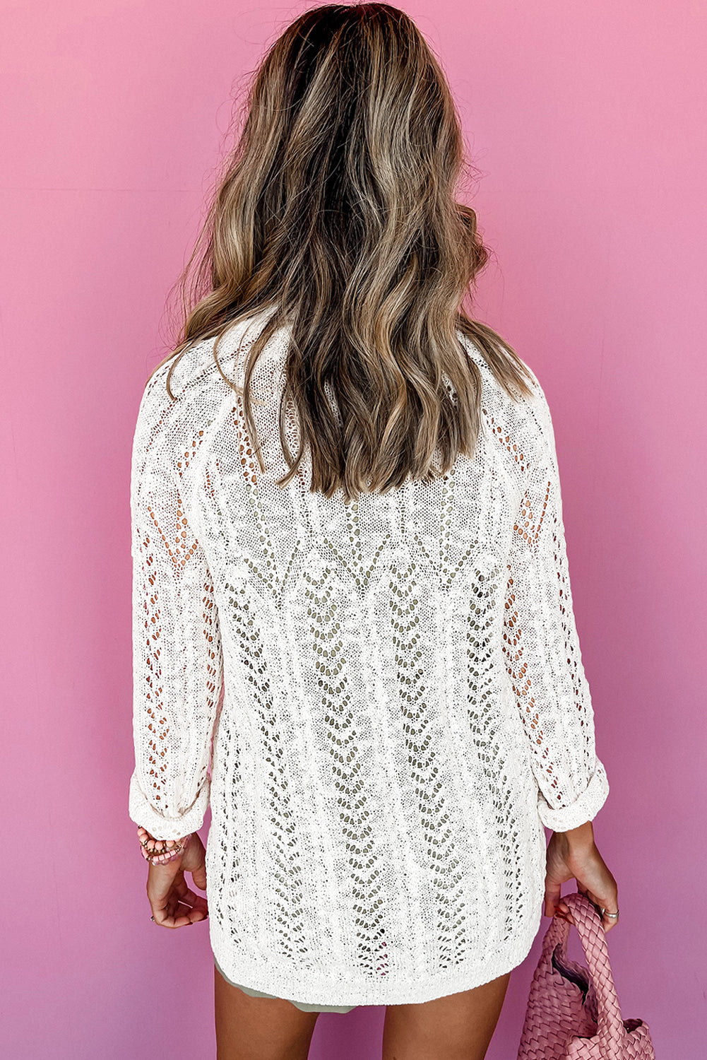 Cardigan blanc uni en maille ajourée