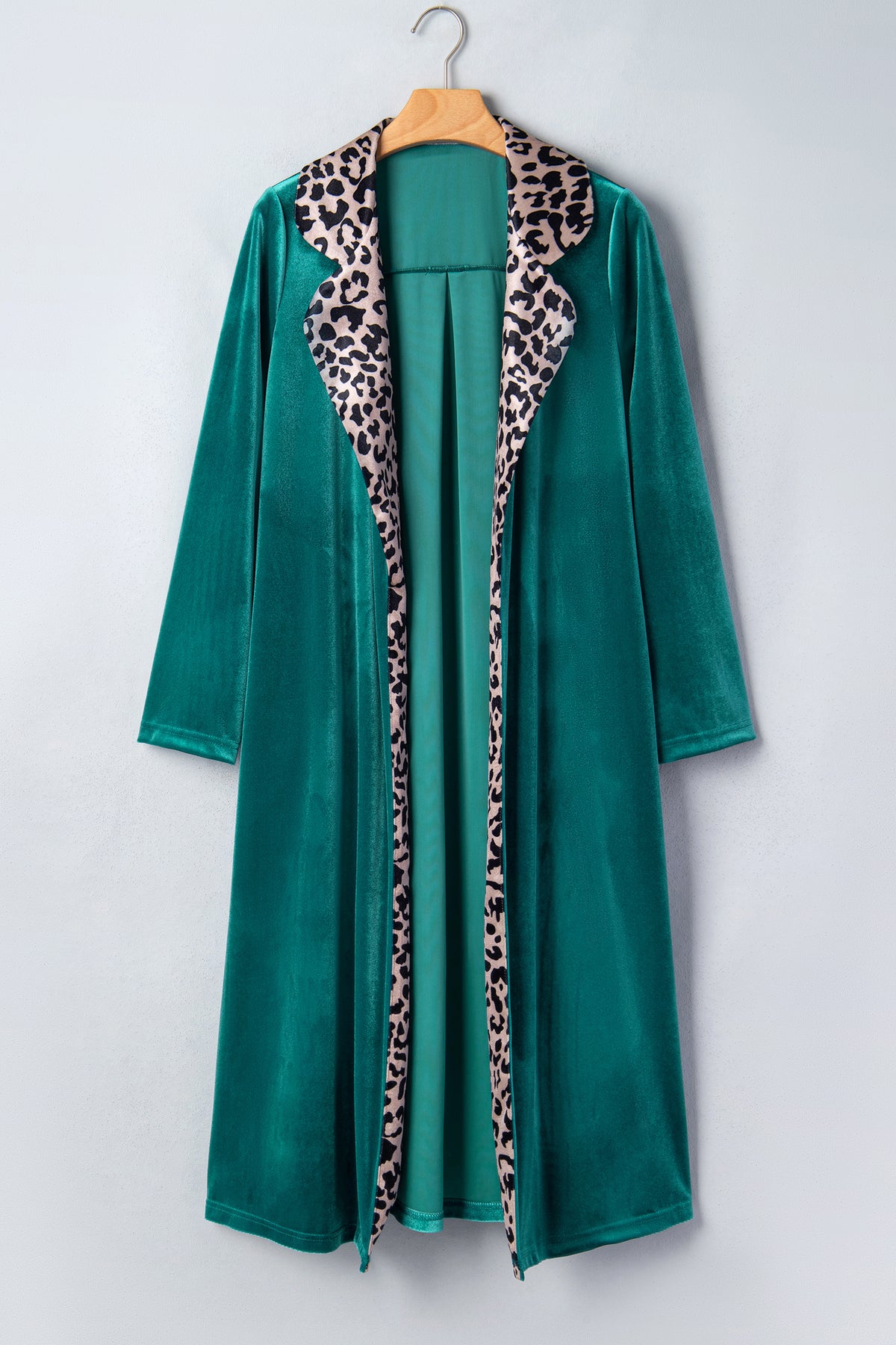 Skobeloff Velvet Contrast Leopard Print Lapel Collar Open Front Cardigan