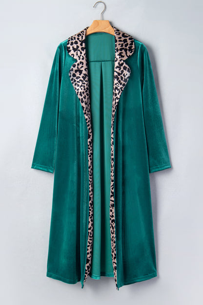 Skobeloff Velvet Contrast Leopard Print Lapel Collar Open Front Cardigan