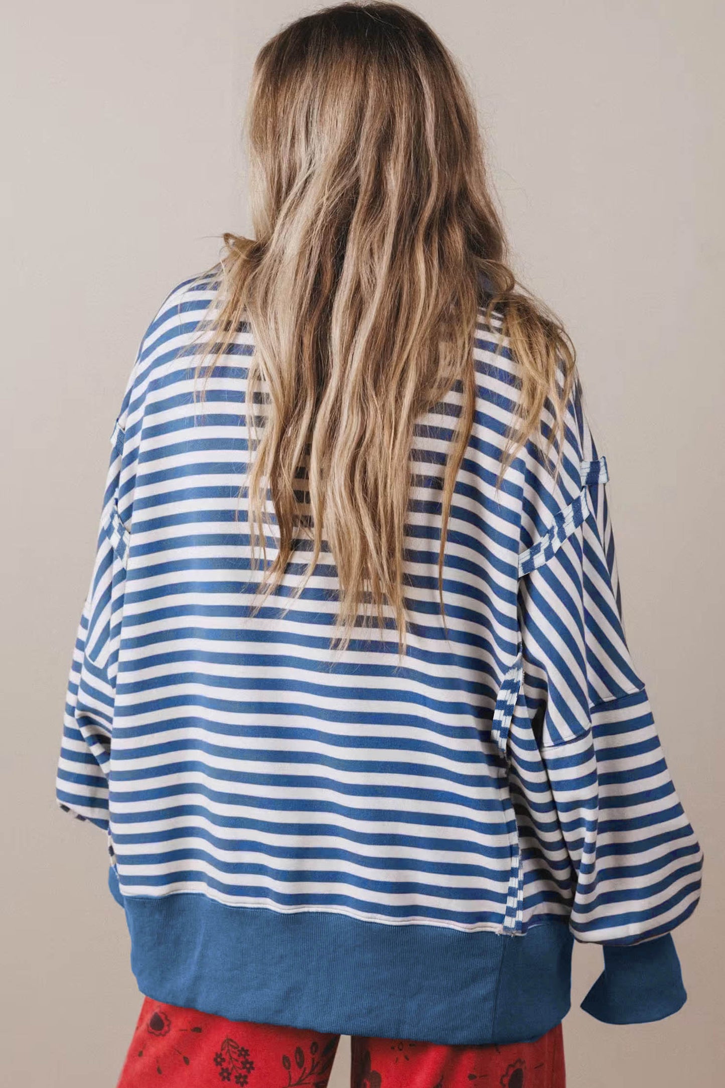 Blue Stripe Color Block Trim Raw Seam Split Hem Loose Pullover Sweatshirt