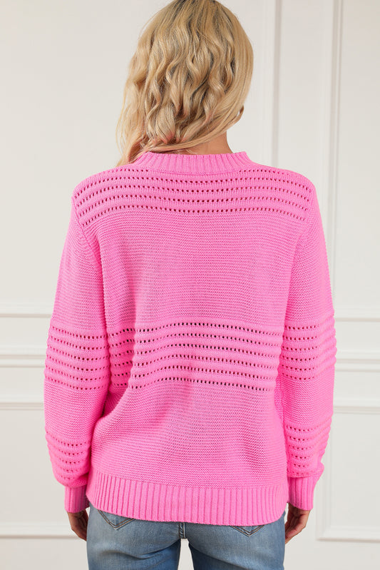 Suéter con cuello simulado y ojales de punto trenzado de color liso rosa