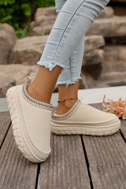 White Faux Suede Woven Trim Plush Lining Platform Slippers