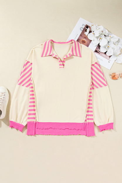Pink Stripe Contrast Polo Collar Drop Shoulder Patchwork Plus Size Pullover