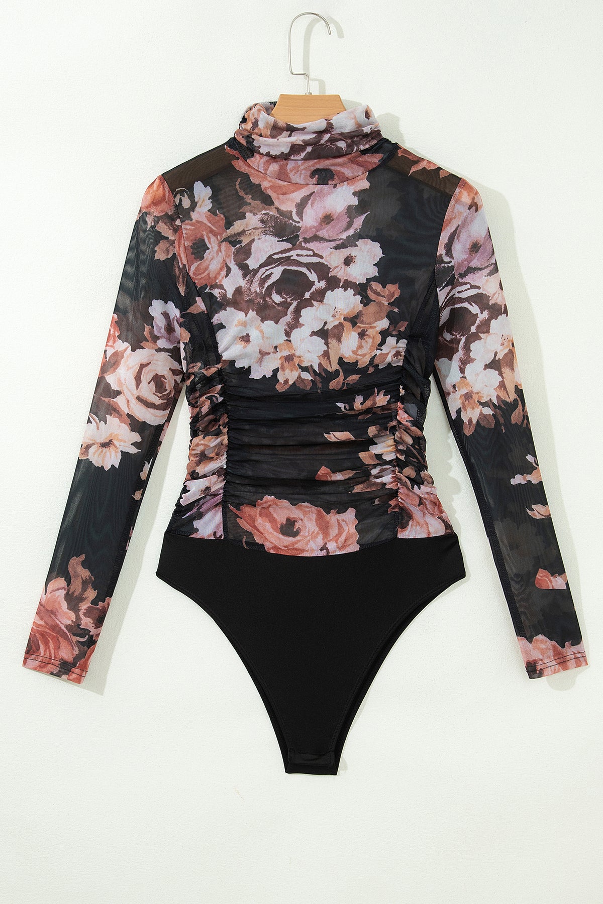 Brown Floral Mesh Long Sleeve High Neck Bodysuit