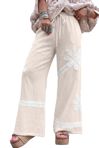 White Floral Lace Patchwork Boho Wide Leg Casual Pants