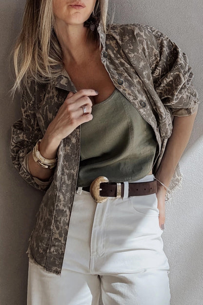 Khaki Abstract Print Long Sleeve Collar Raw Hem Denim Jacket