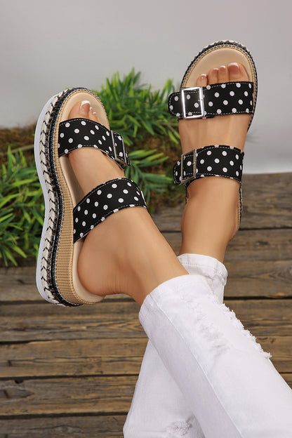 Color black Polka Dot Pattern Double Buckle Straps Hollow Out Platform Slippers