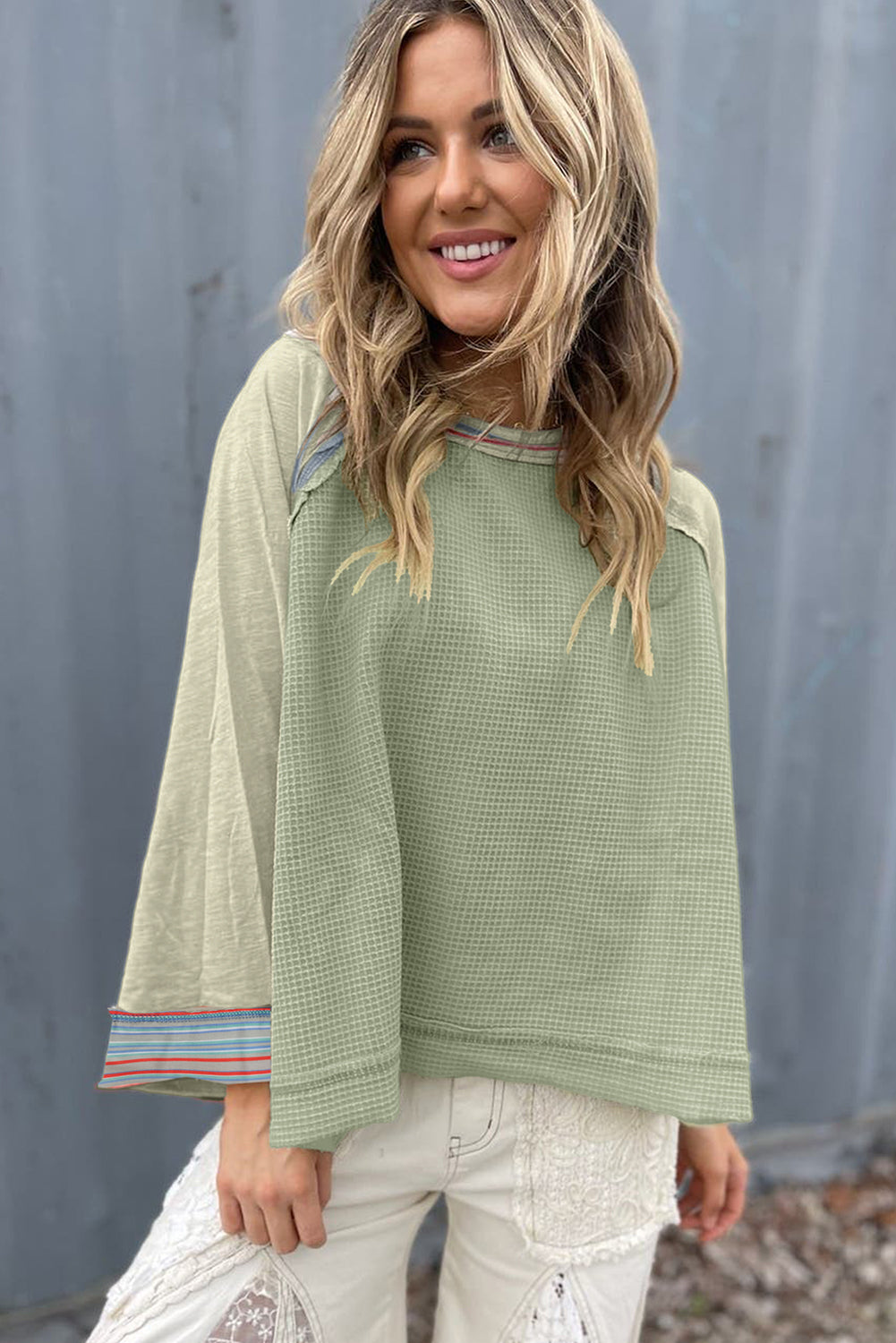 Haut raglan patchwork à manches larges et en tricot gaufré vert Meadow Mist