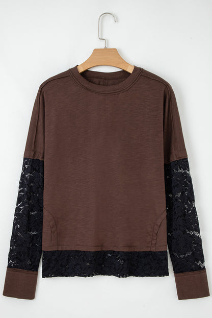 Light French Beige Sheer Lace Patchwork Casual Long Sleeve Tee