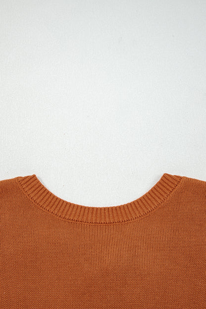 Gold Flame Solid Color Ribbed Trim Drop Shoulder Sweater