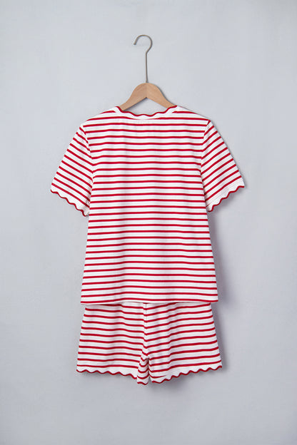 Red Stripe Scallop Trim Casual Top 2pcs Short Set