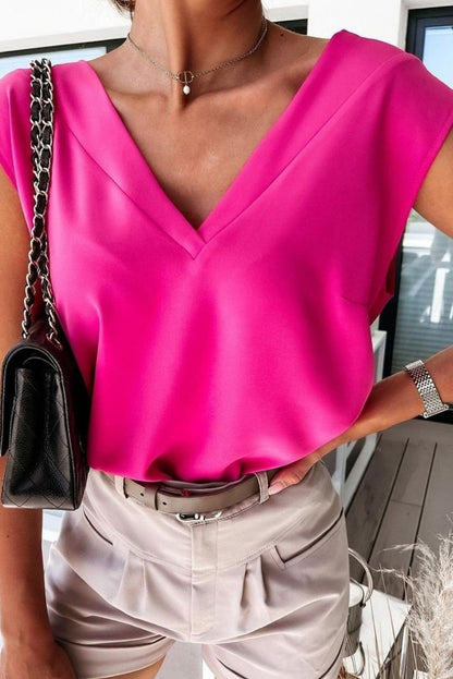 V Neck Pleated Backless Cap Sleeve Top