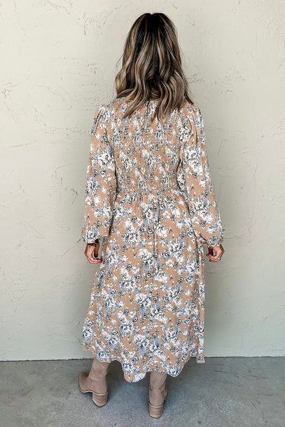 Robe longue à manches bouffantes et smocks motif floral kaki Maple Grove