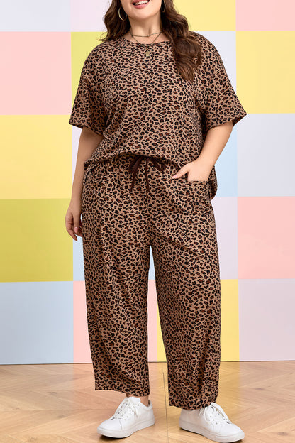 Brown Plus Size Leopard Loose Top Pleated Pants Set