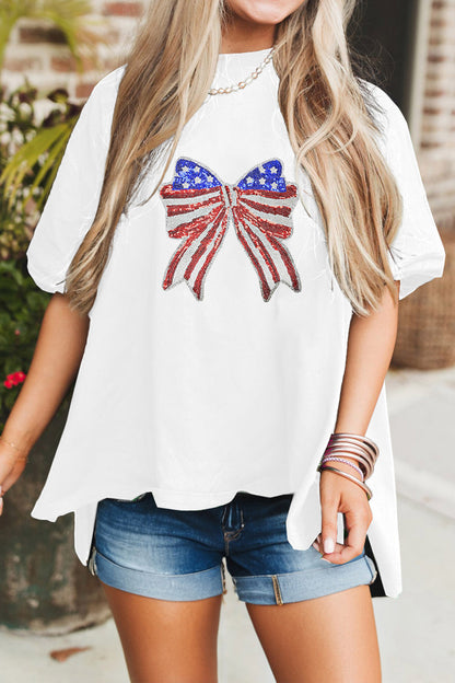 White Patriotic Sequin Bow Graphic Oversized Tee