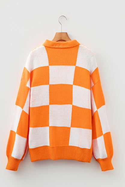 Mist Green Checkered Pattern Polo Collar Loose Sweater