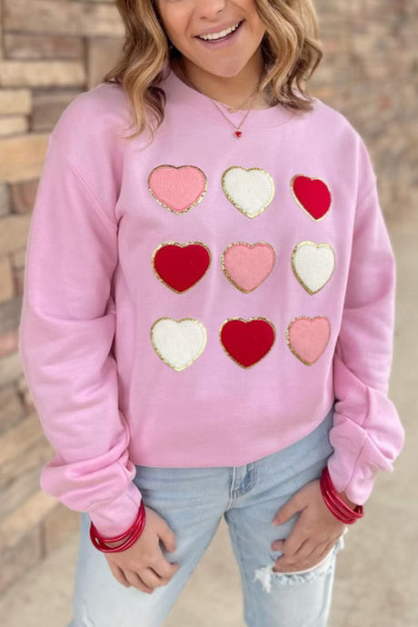 Pink Glitter Chenille Heart Patch Valentines Sweatshirt