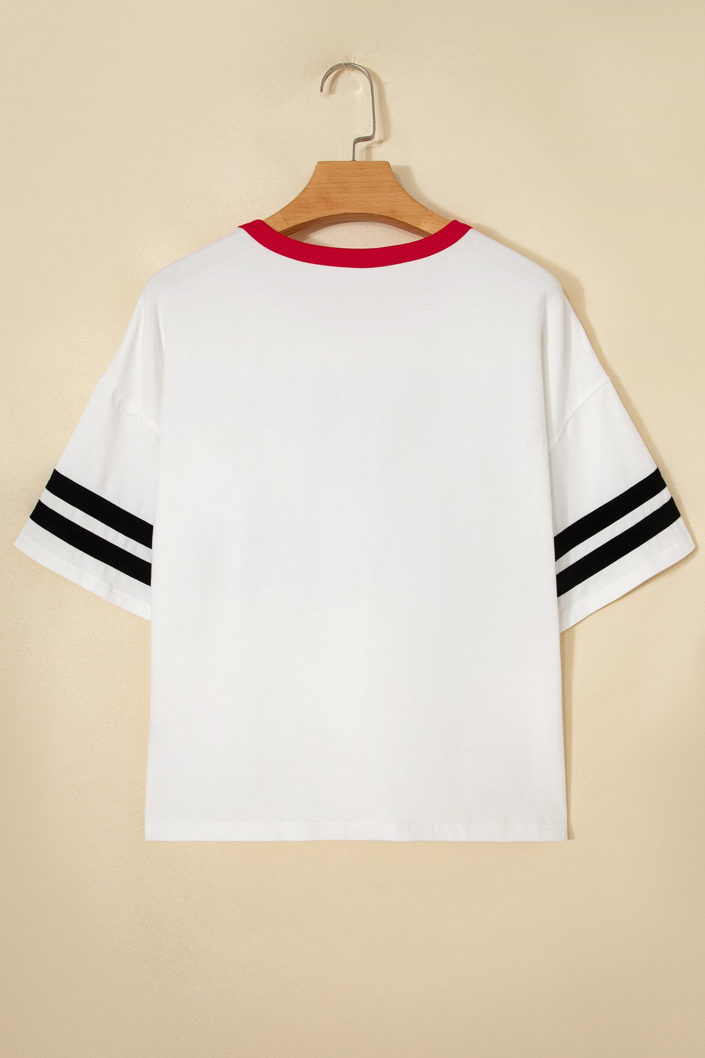 White USA Letter Printed Varsity Striped Sleeve Round Neck Tee