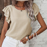 Beige Solid Color Ruffled Short Sleeve Casual Blouse