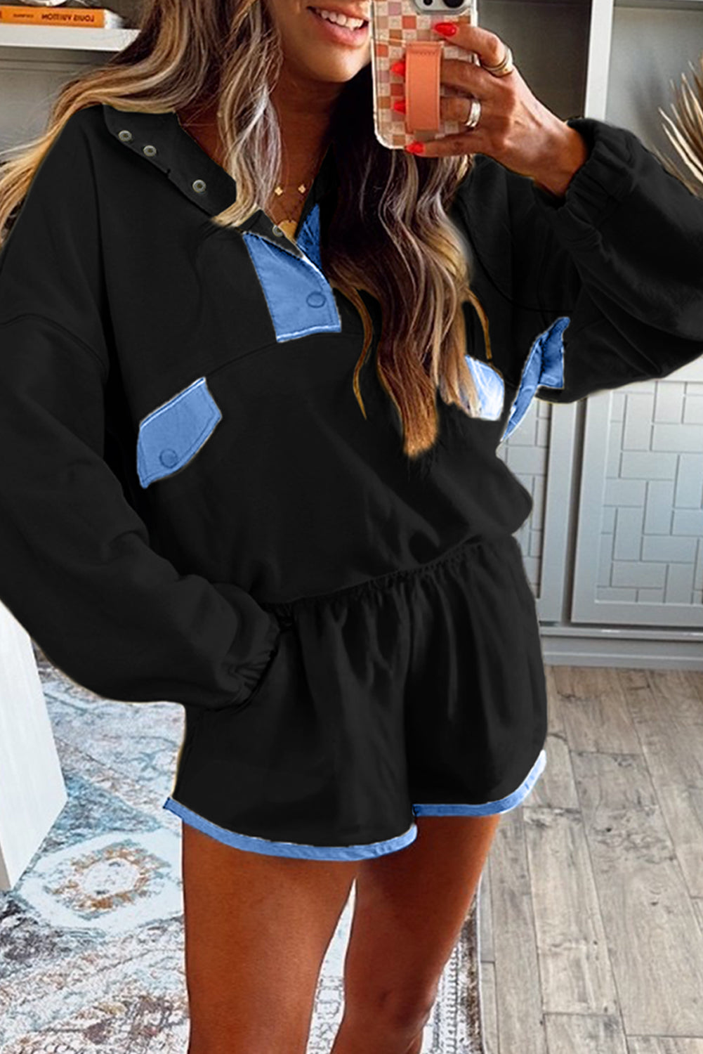 Black Color Block Patchwork Half Button Pullover and Shorts 2pcs Outfit