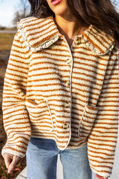 Brown Stripe Striped Fleece Button Front Long Sleeve Regular Fit Jacket