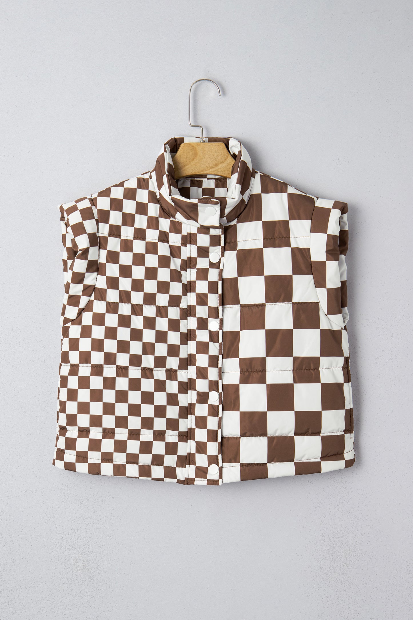 Brown Double Checked Stand Collar Cropped Puffer Vest