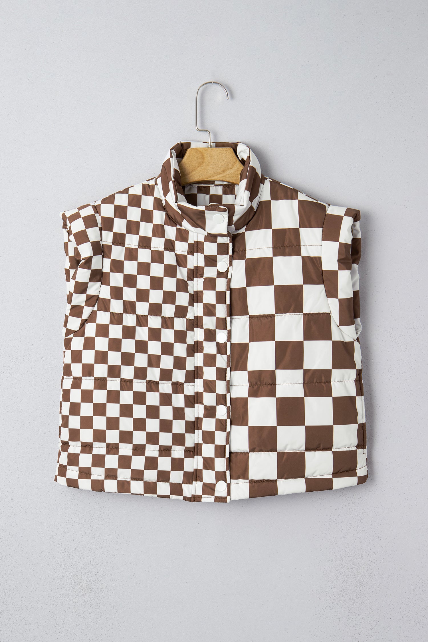 Brown Double Checked Stand Collar Cropped Puffer Vest