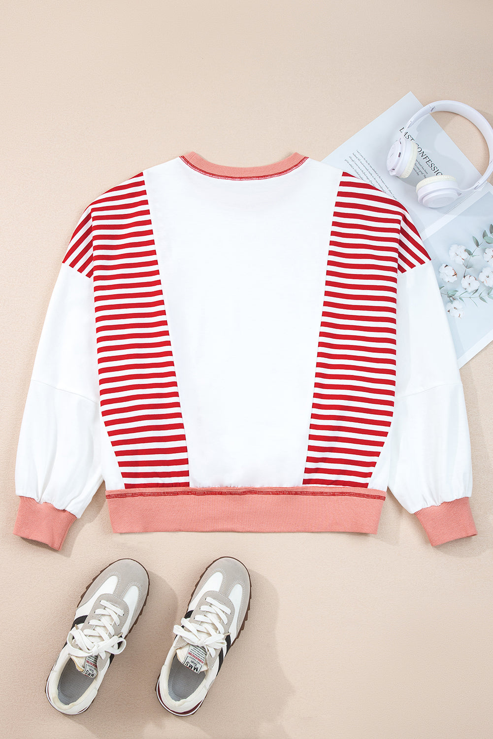 Red Stripe Colorblock Patchwork Contrast Stitching Oversize Sweatshirt