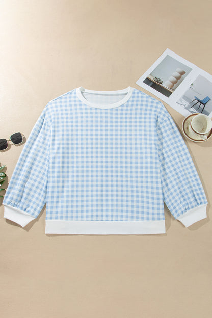Light Blue Casual Plus Size Plaid Sweatshirt