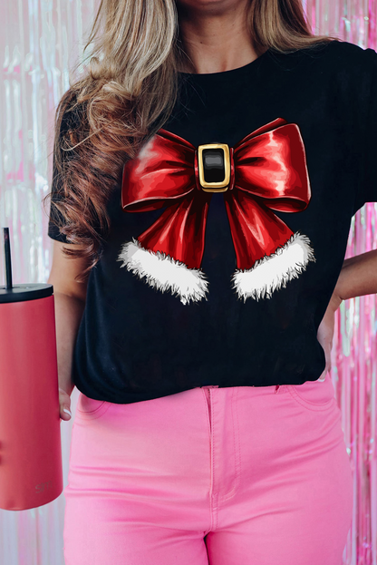 T-shirt ras du cou noir à gros nœud de Noël