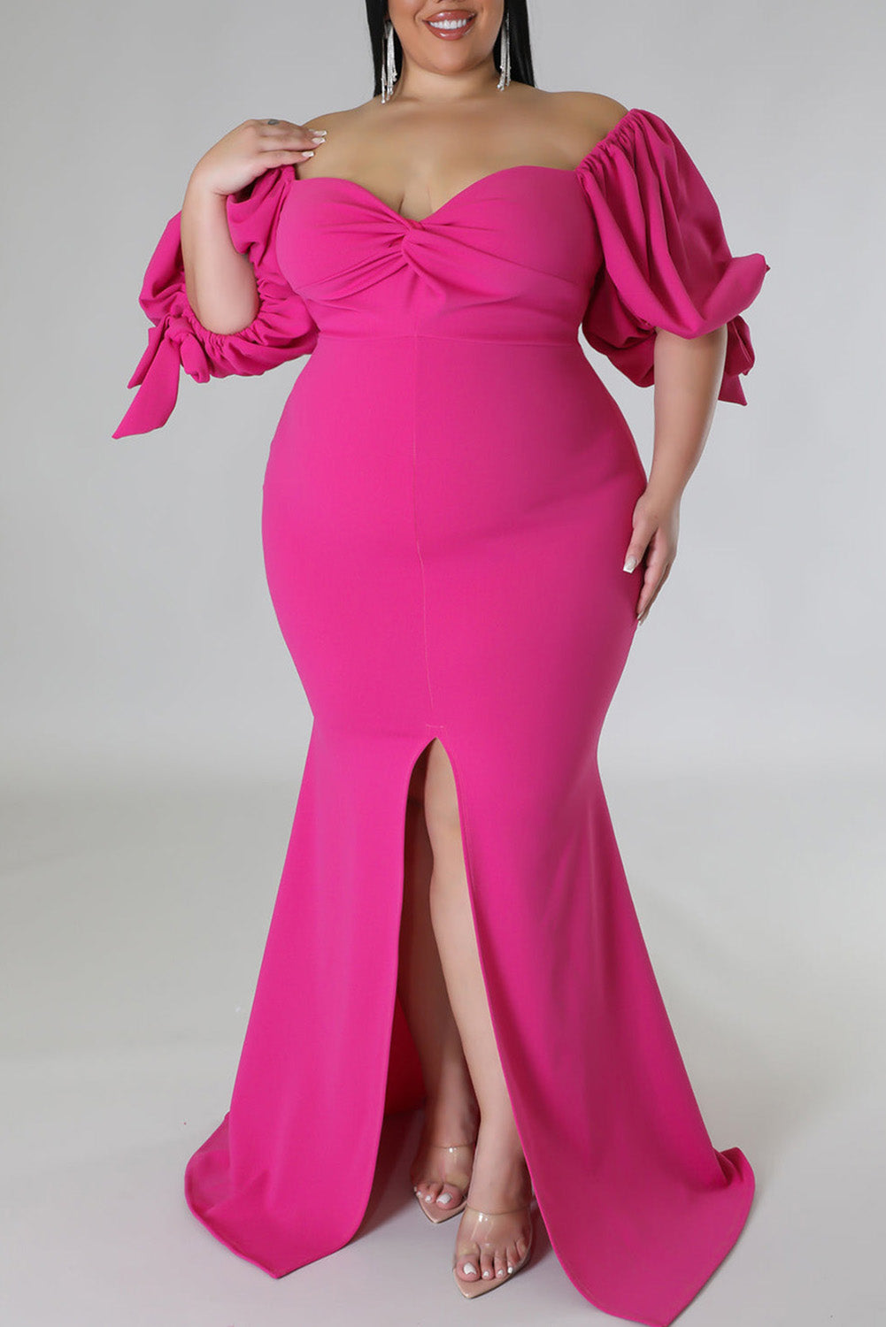 Bow Tie Puff Sleeve Plus Size High Slit Maxi Dress