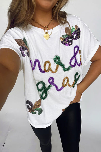 T-shirt blanc à paillettes et motif Mardi Gras