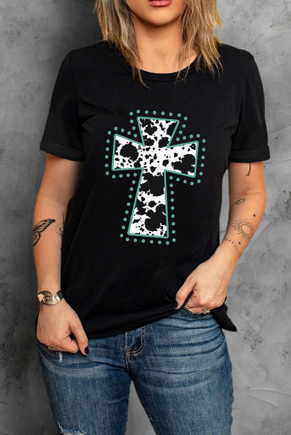 Camiseta negra con estampado animal y gráfico cruzado