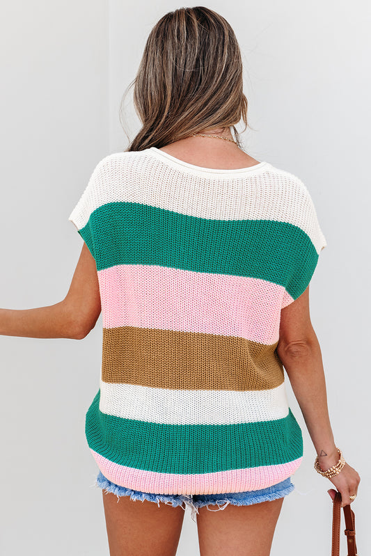Multicolour Color Block Notch V Neck Sweater T Shirt