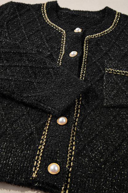 Cardigan boutonné noir scintillant avec poche à rabat