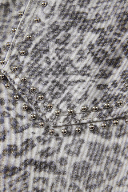 Khaki Leopard Print Studded Collar Studded Patch Pocket Denim Jacket