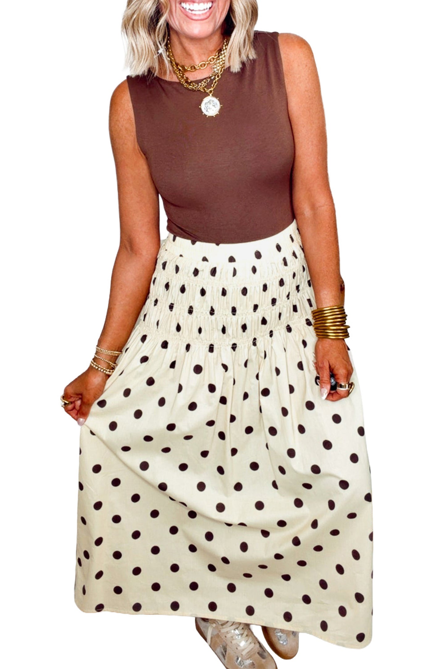 Beige Stripe Polka Dot Print Smocked High Waist Long Skirt